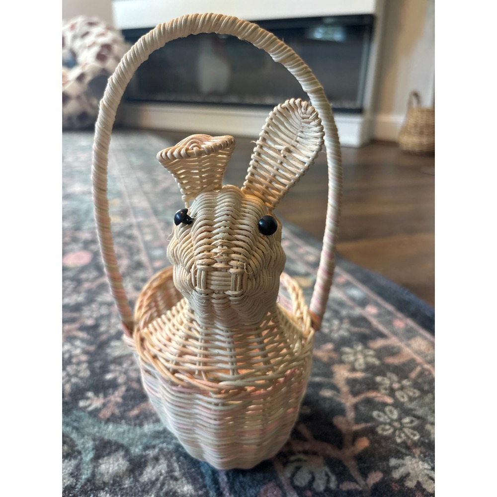 Vintage Wicker Bunny Easter Basket Pastel Pink Yellow Woven Rabbit Decor Handle